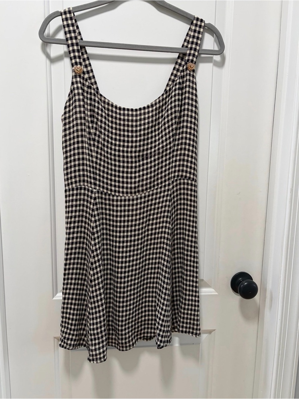 Reformation Tai Gingham Mini Dress size 12 Black Cream Gold Heart Buttons‎ - Picture 11 of 11